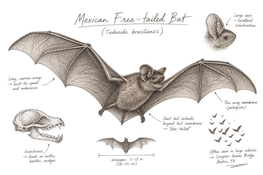 Mexican free-tailed bat field illustration